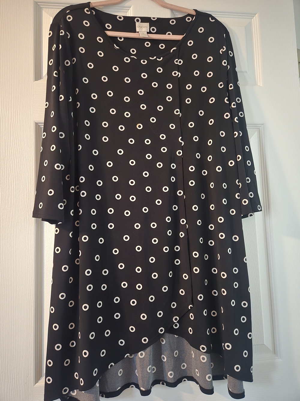 Chico's Black Tunic with White Ring Print With Asymmetrical Hem